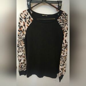 Baikea Black Shirt with Leopard Print Sleeves Size XL